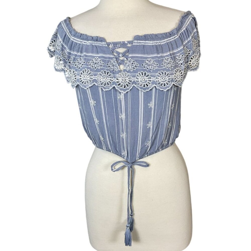 American Eagle Cutwork Floral Embroidered Ruffled Off The Shoulder Crop Top LG